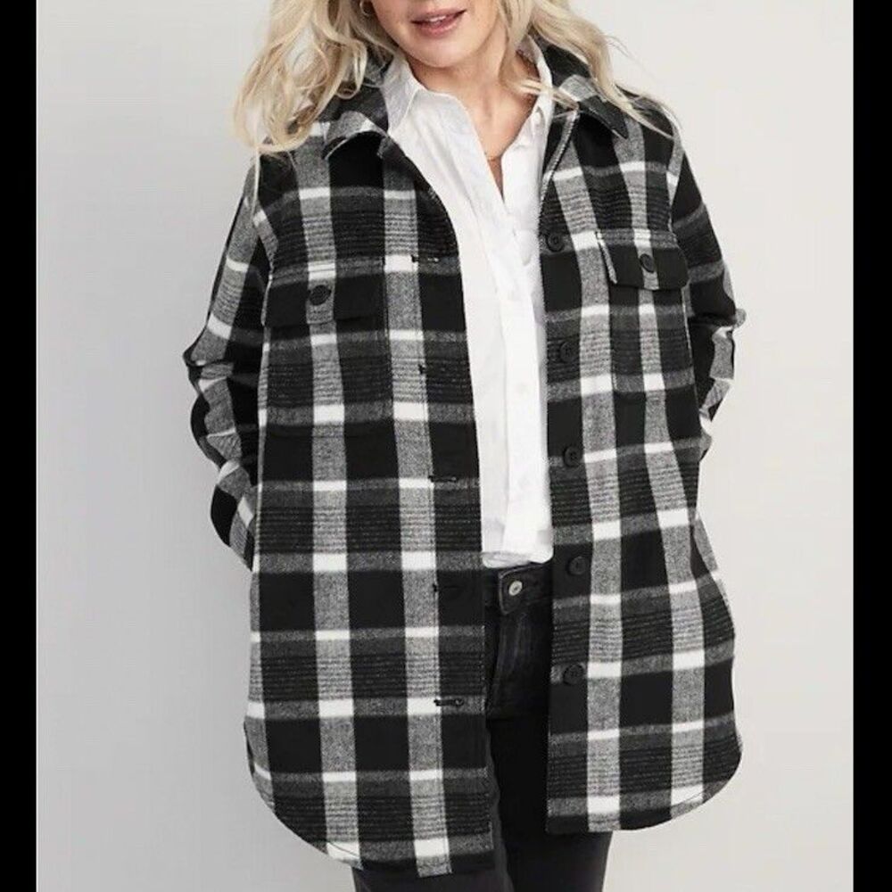OLD NAVY Black Plaid Soft Brushed Shacket Wool Jacket Pockets Women’s Large L